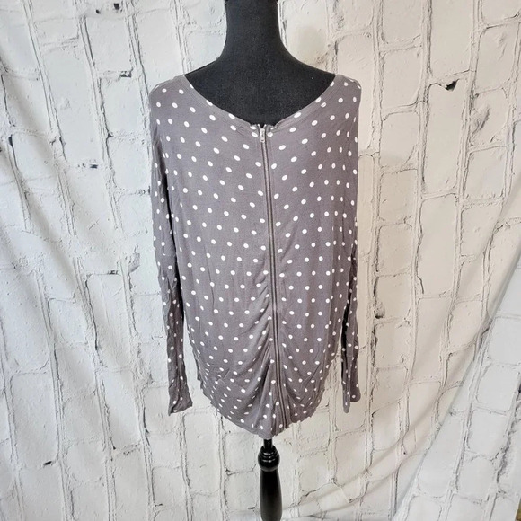 Zara Basic‎ Long Sleeve T-Shirt Gray White Polka Dot Zipper Back Pullover Tee M - Picture 5 of 9